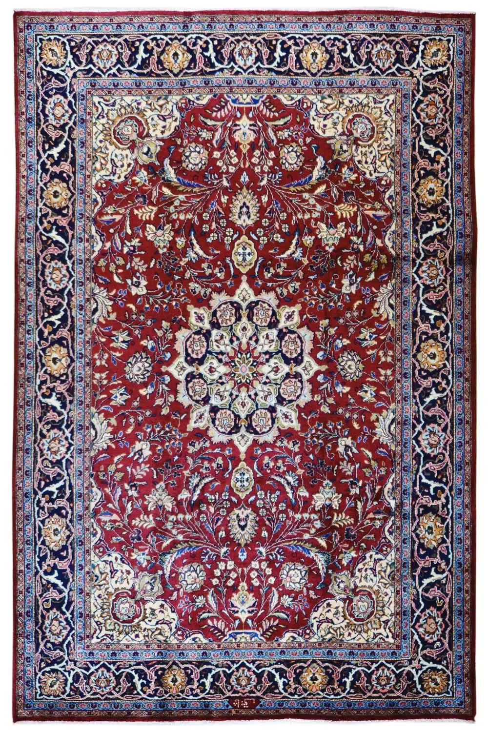 Khorasan rug, rectangular: red field with medallion and dark border.