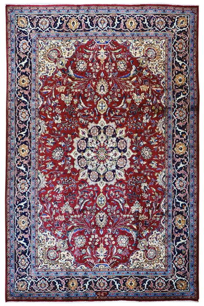 Khorasan rug, rectangular: red field with medallion and dark border.