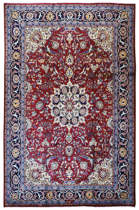 Khorasan rug, rectangular: red field with medallion and dark border.