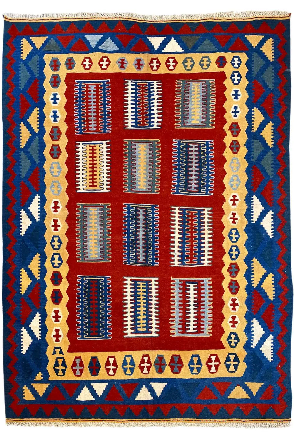 Kilim Qashqai rug: central patterned area with a red grid and colorful borders