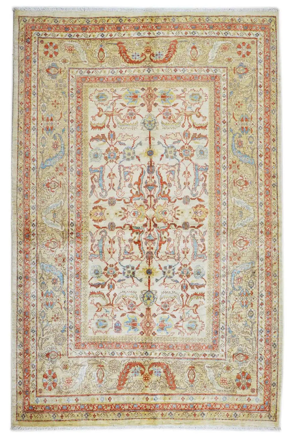 Sultan Abad Exclusive Rug: Complete medallion pattern, inner frame, and borders.