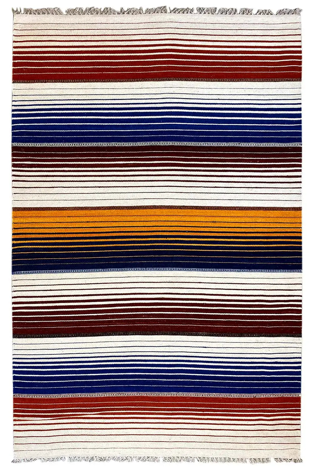 Kilim rug with wide horizontal stripes in white, red, and dark blue