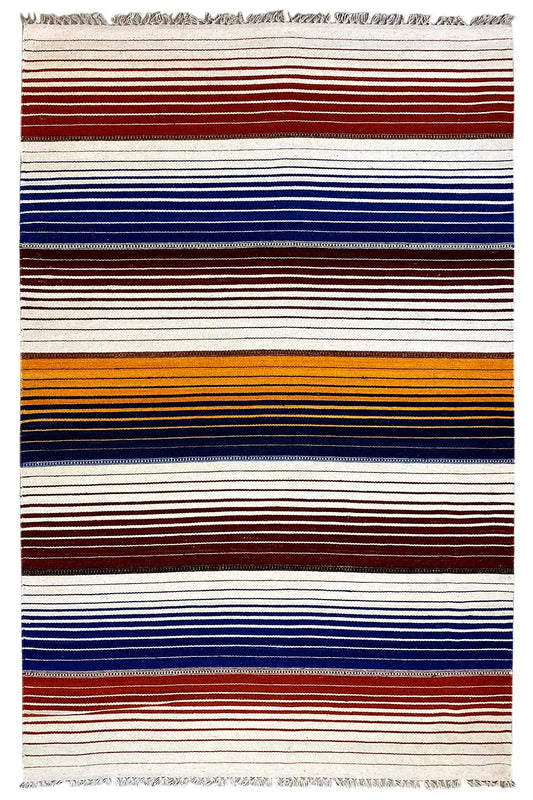 Kilim rug with wide horizontal stripes in white, red, and dark blue