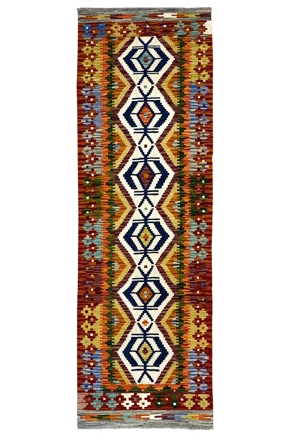 Afghan kilim runner with a multicolored geometric pattern, fringes on the sides