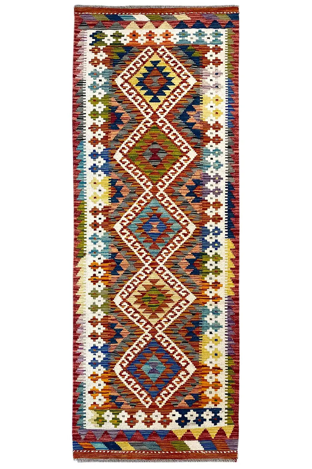 Kilim runner with multicolored geometric patterns and a colorful border, approx. 192x64 cm