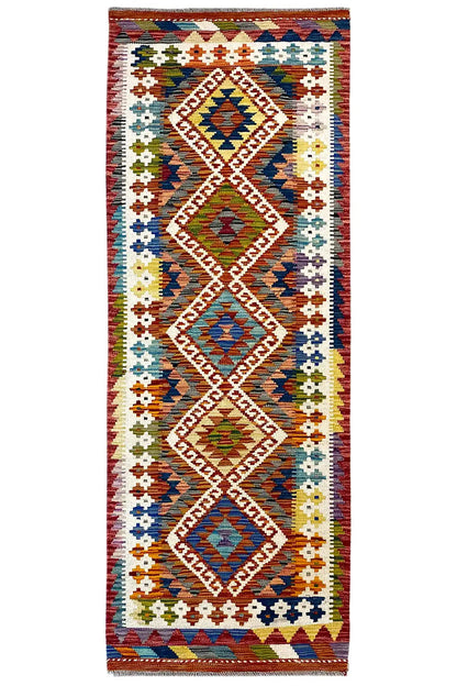 Kilim runner with multicolored geometric patterns and a colorful border, approx. 192x64 cm