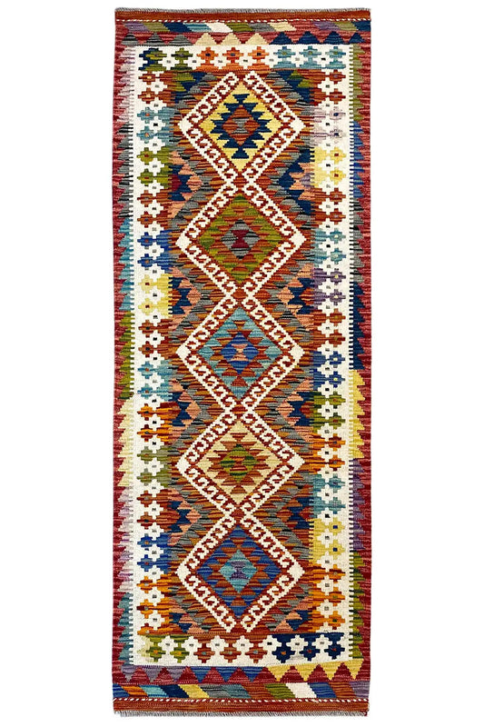 Kilim runner with multicolored geometric patterns and a colorful border, approx. 192x64 cm