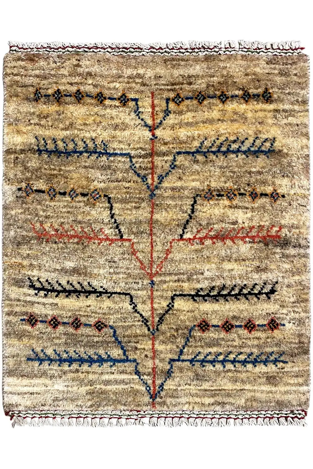Gabbeh-Lori rug (79x62 cm) with a symmetrical cross pattern and colorful lines