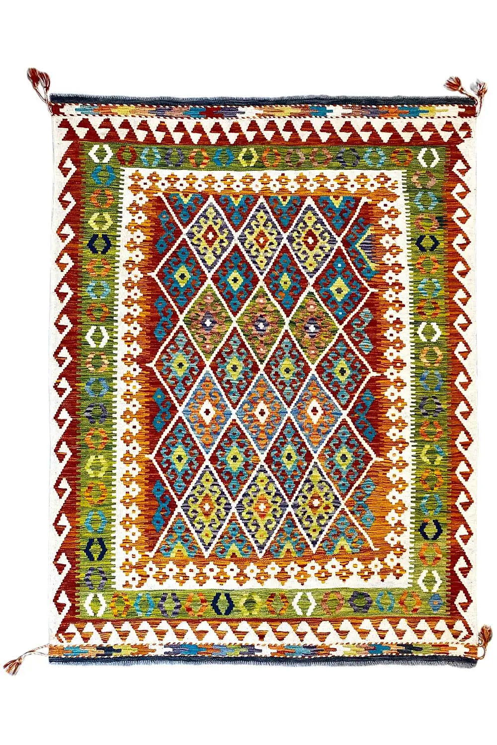 Kilim rug, rectangular, multicolored geometric design, border and tassels at the corners