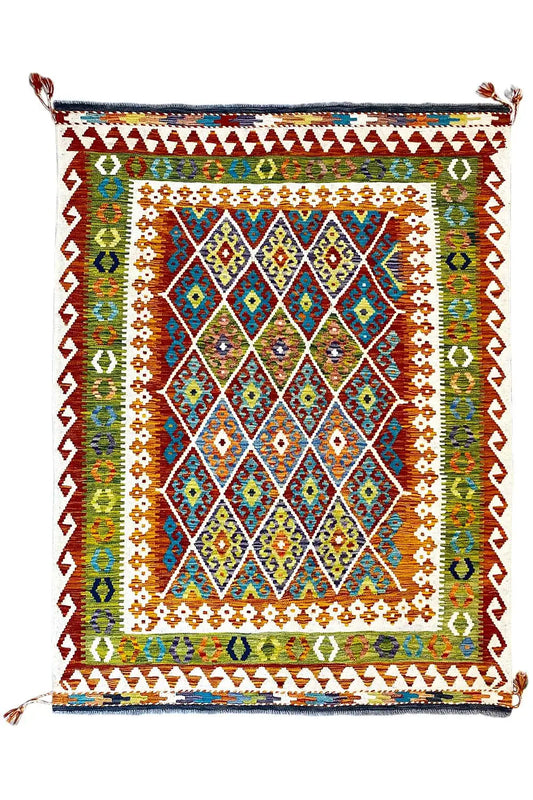 Kilim rug, rectangular, multicolored geometric design, border and tassels at the corners