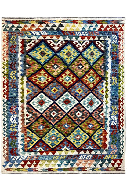 Rectangular Afghan kilim with medallion and diamond patterns, multicolored, hemmed