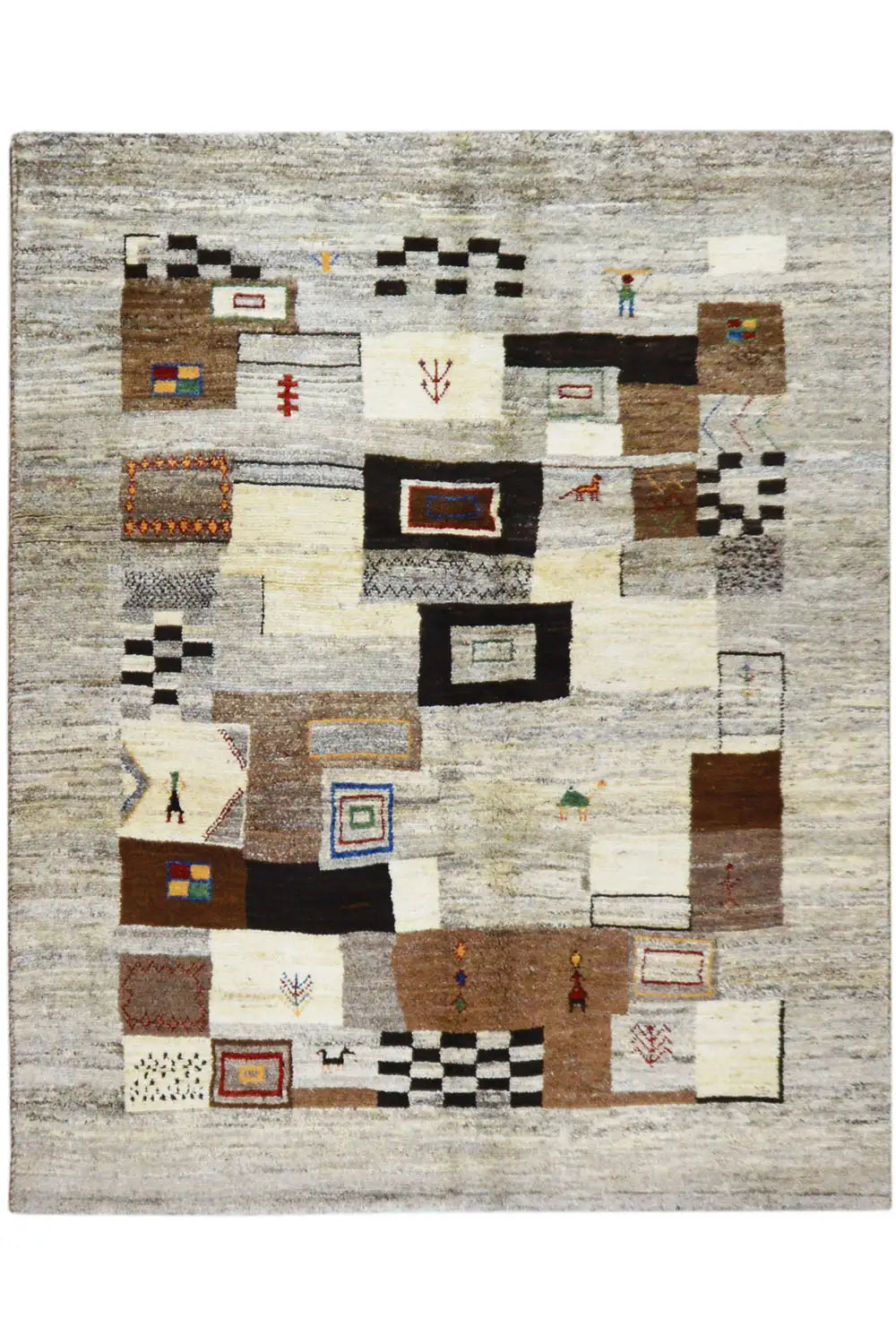 Rectangular rug with abstract geometric squares in beige, gray, and black