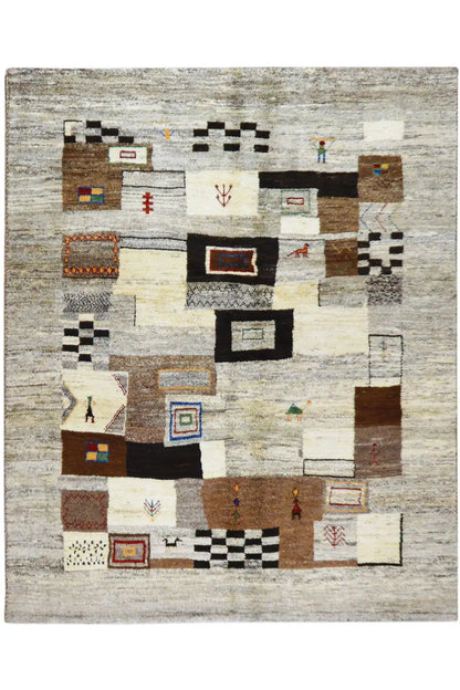 Rectangular rug with abstract geometric squares in beige, gray, and black