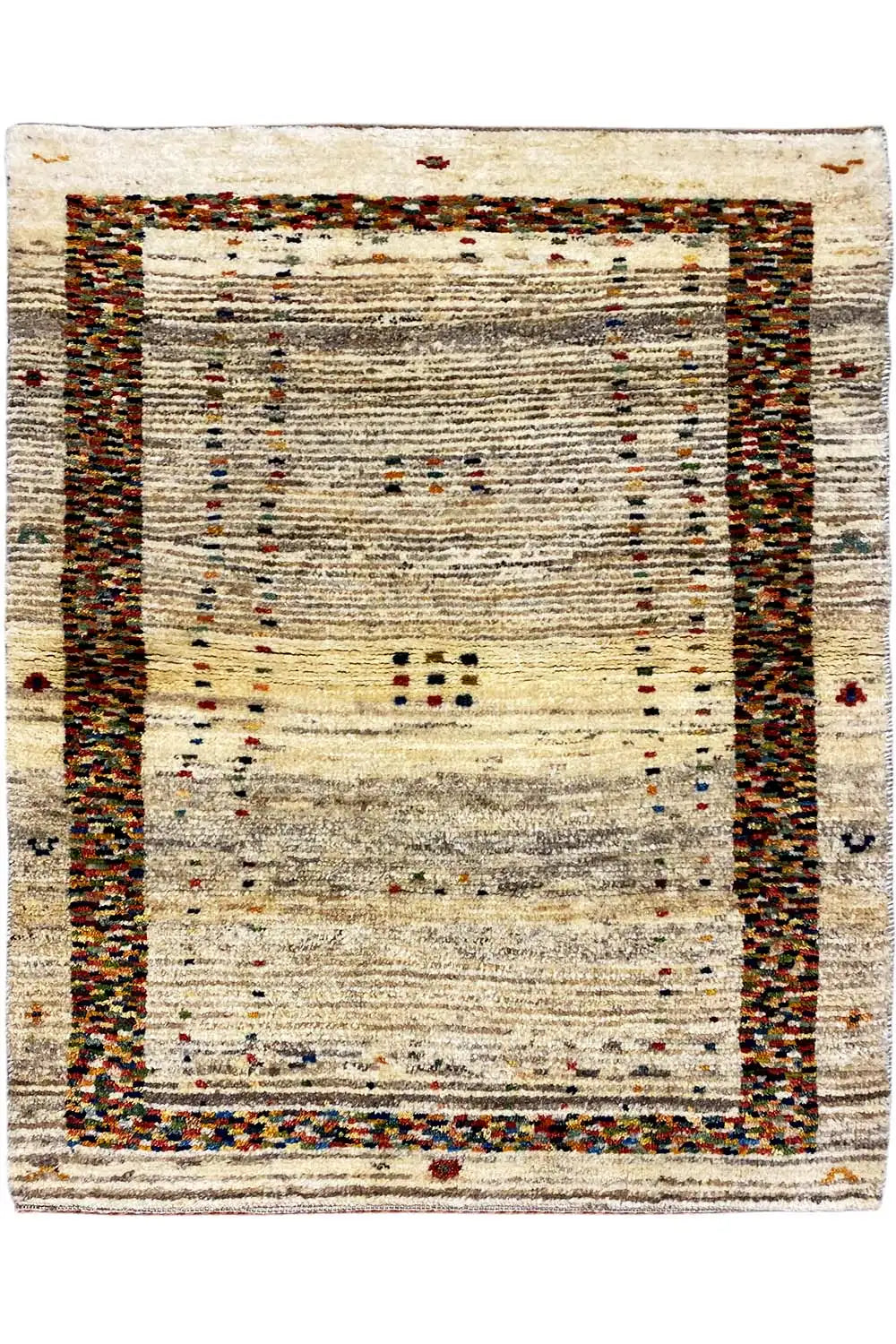 Gabbeh rug with a border pattern in beige, brown, and accent colors