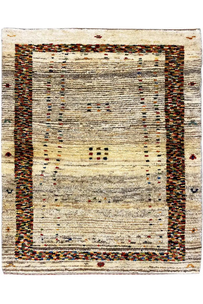 Gabbeh rug with a border pattern in beige, brown, and accent colors