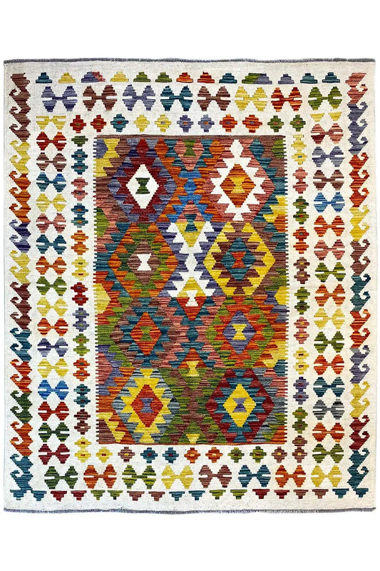 Afghan kilim with multicolored geometric patterns and a border running around the edges
