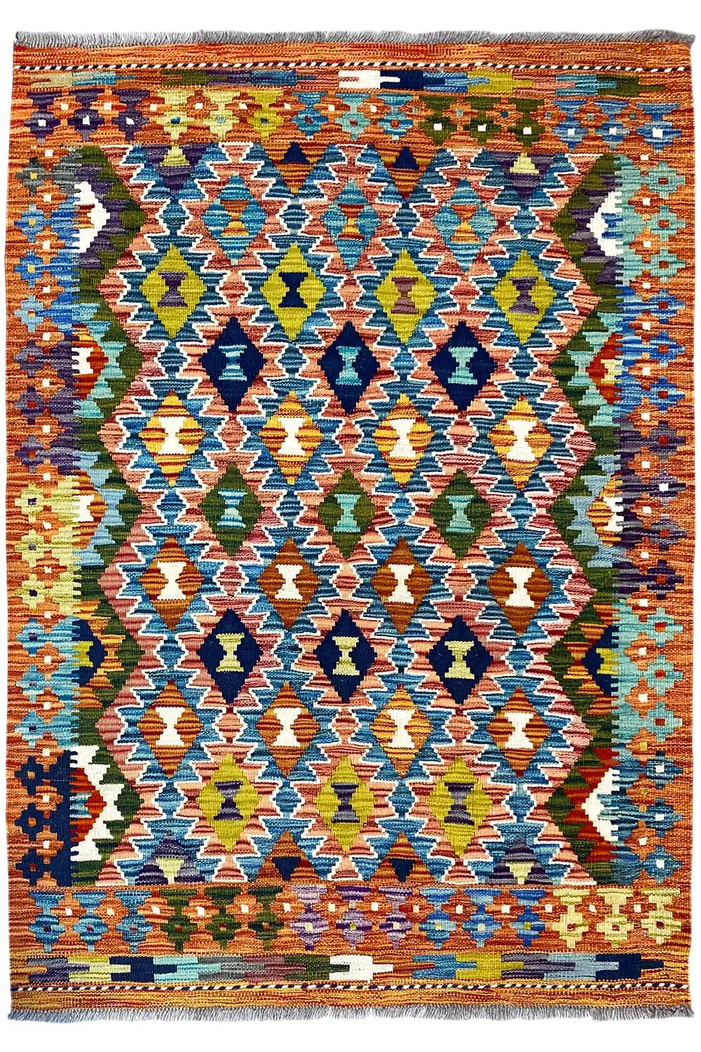 Afghan kilim rug 150x102 cm, frontal zigzag pattern with fringe
