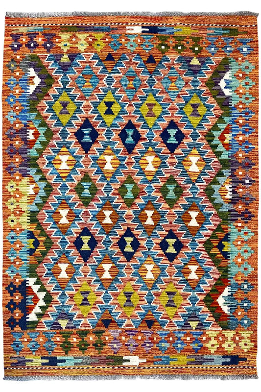 Afghan kilim rug 150x102 cm, frontal zigzag pattern with fringe