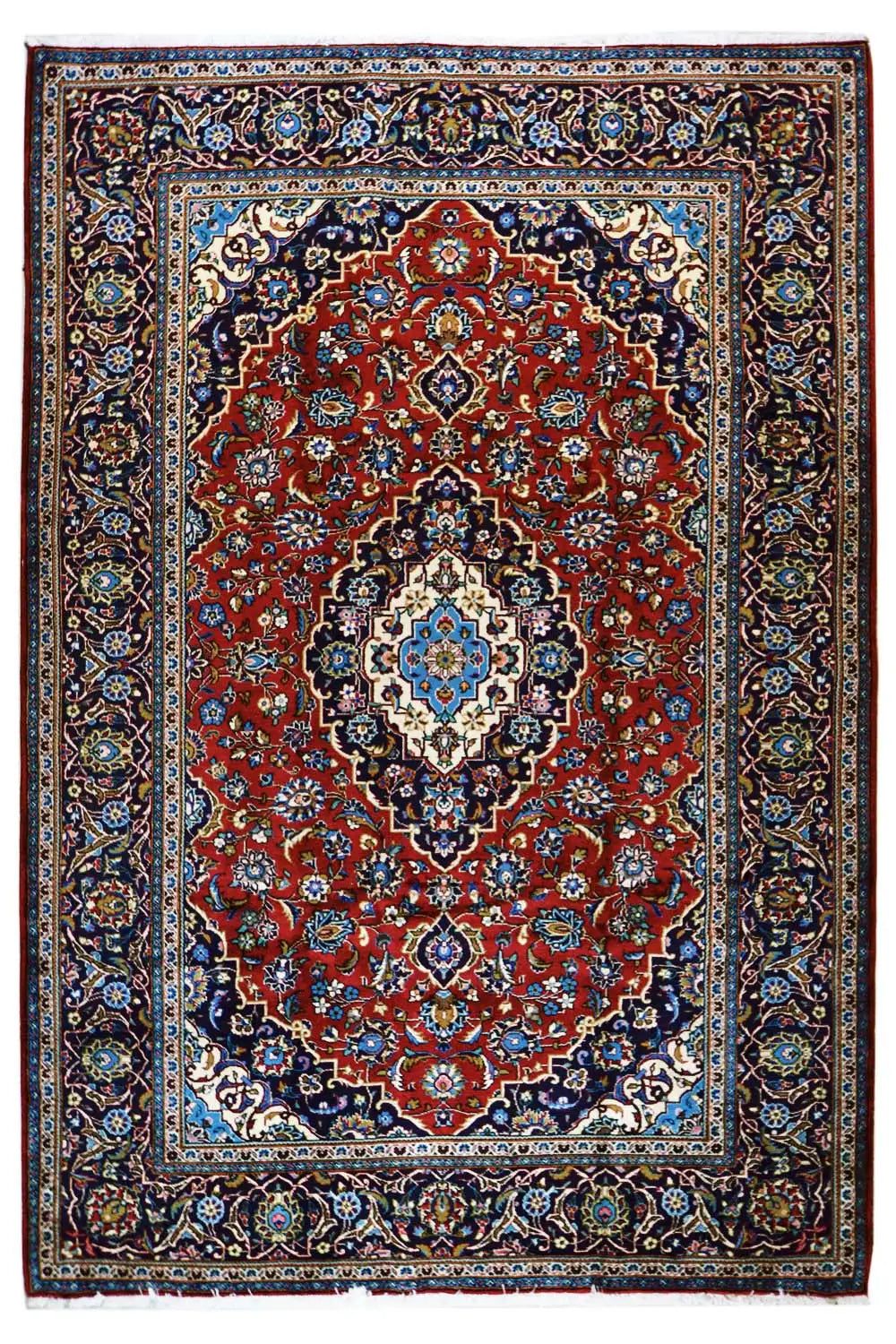 Keshan rug 290x197 cm with red medallion, blue-cream ornaments and border