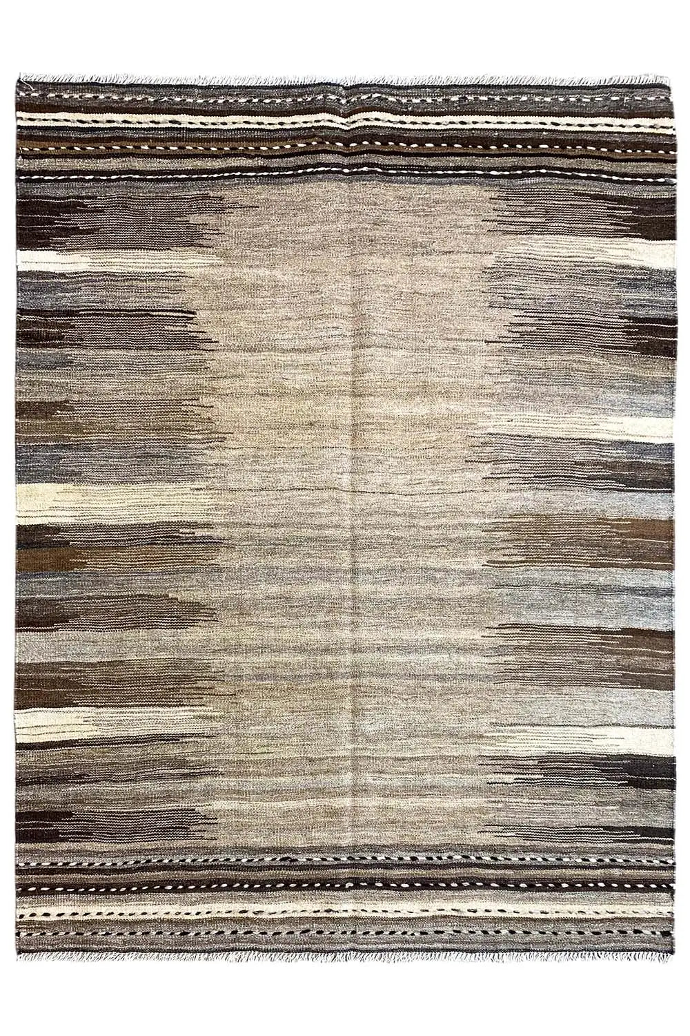 Qashqai kilim rug with border, beige background with gray-brown spots