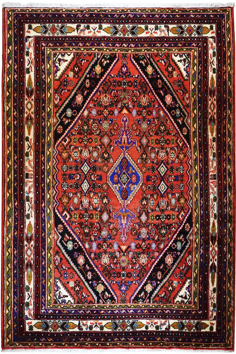 Oriental rug with a red central medallion and a border in gold, blue, and dark green