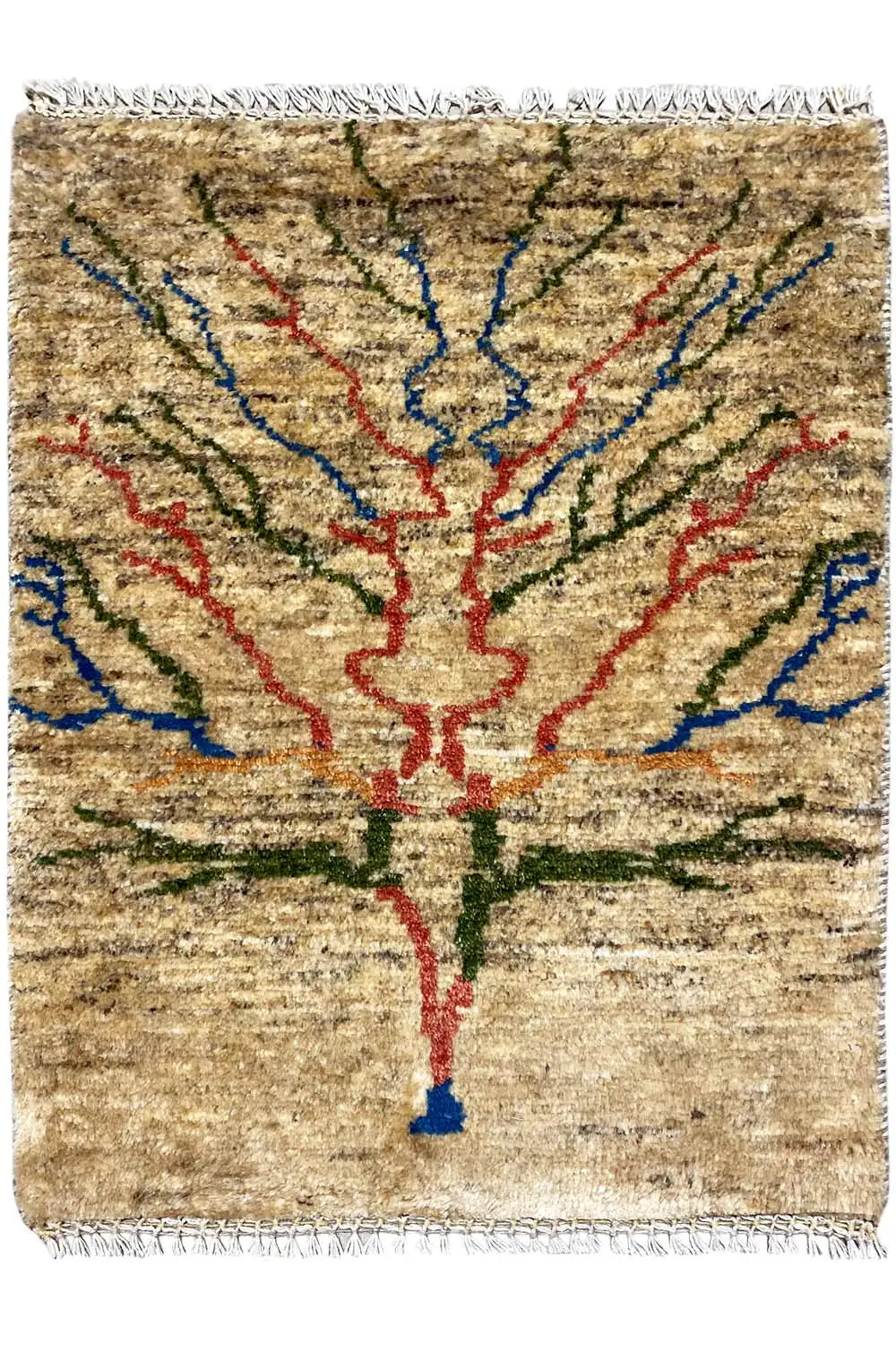 Gabbeh rug 84x61 cm with a beige background and central ornament in red, blue, and green