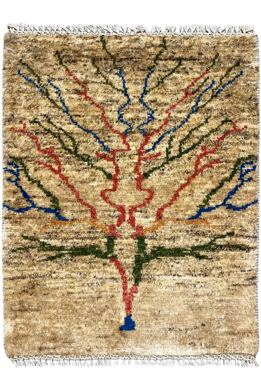 Gabbeh rug 84x61 cm with a beige background and central ornament in red, blue, and green