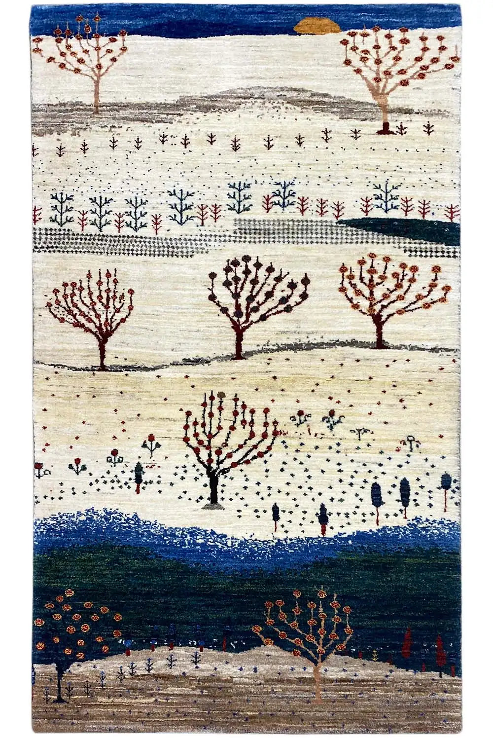 Rectangular Gabbeh rug with tree motifs, a cream-colored background and blue border