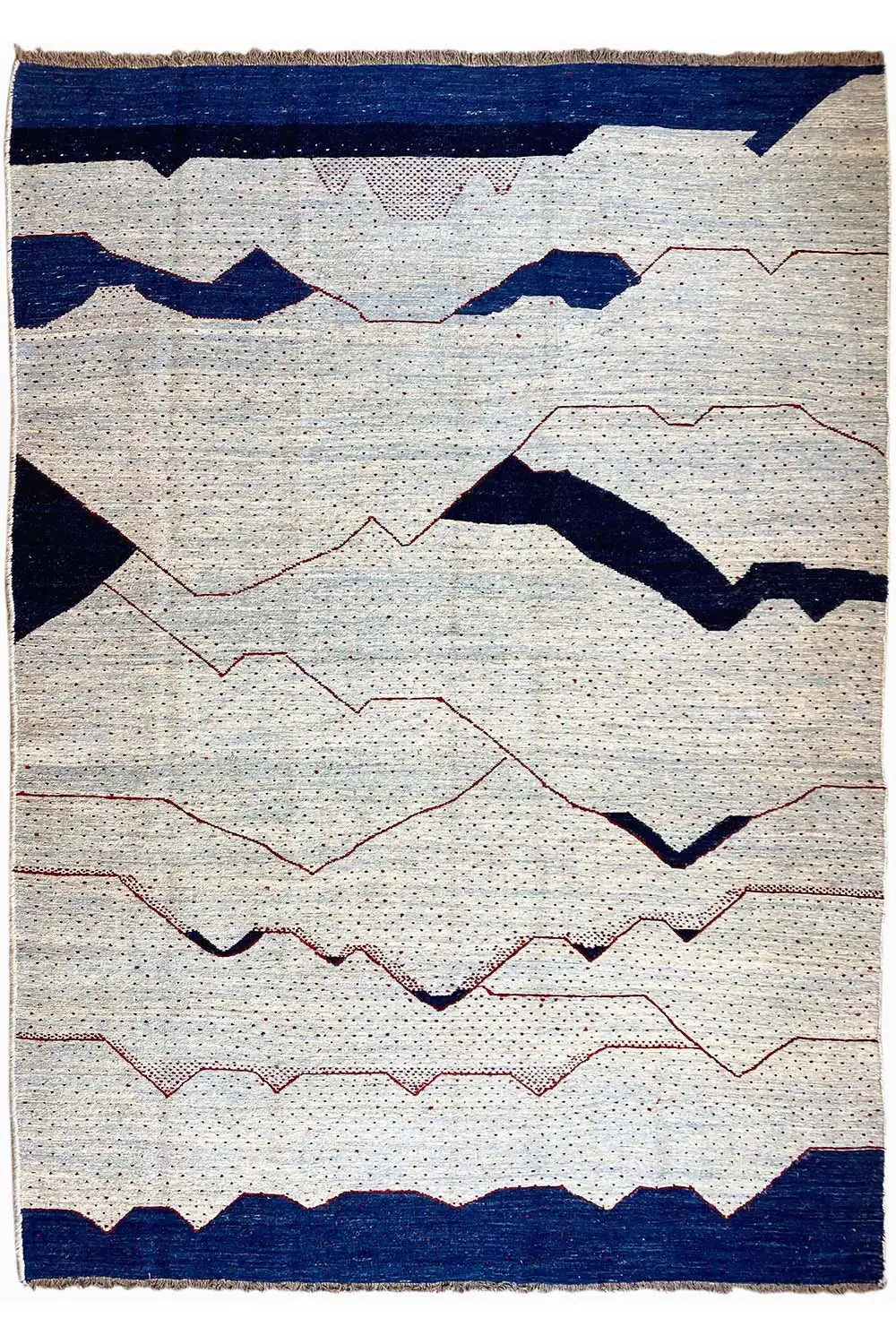 Kilim rug with a geometric pattern in beige and blue, with red lines