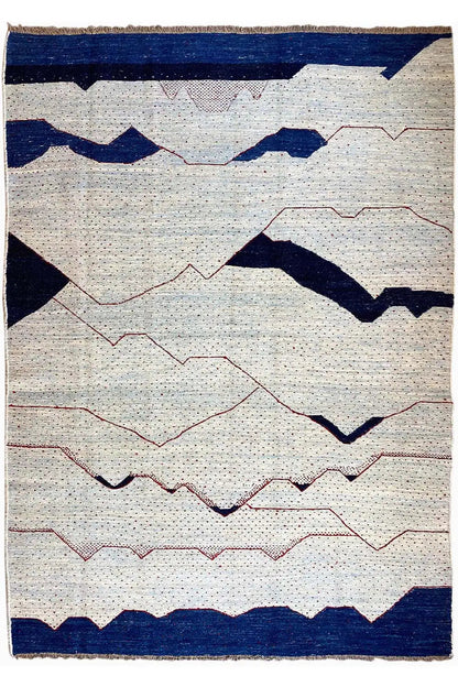 Kilim rug with a geometric pattern in beige and blue, with red lines
