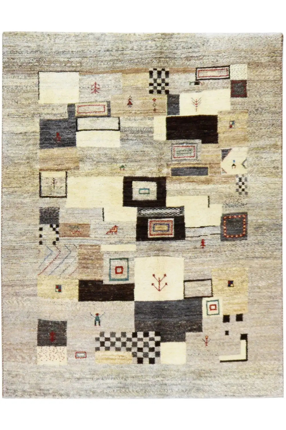 Gabbeh rug 198x148 cm, cream-colored base with black and red pattern elements