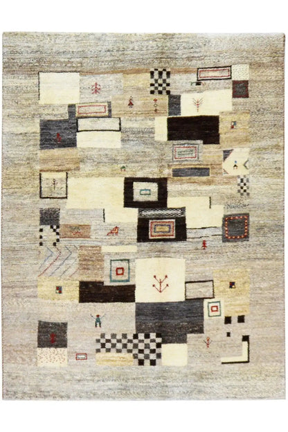 Gabbeh rug 198x148 cm, cream-colored base with black and red pattern elements