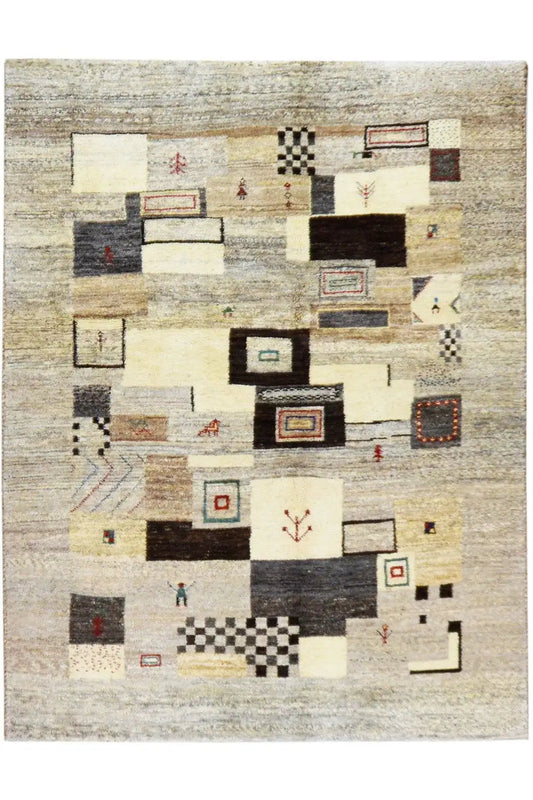 Gabbeh rug 198x148 cm, cream-colored base with black and red pattern elements