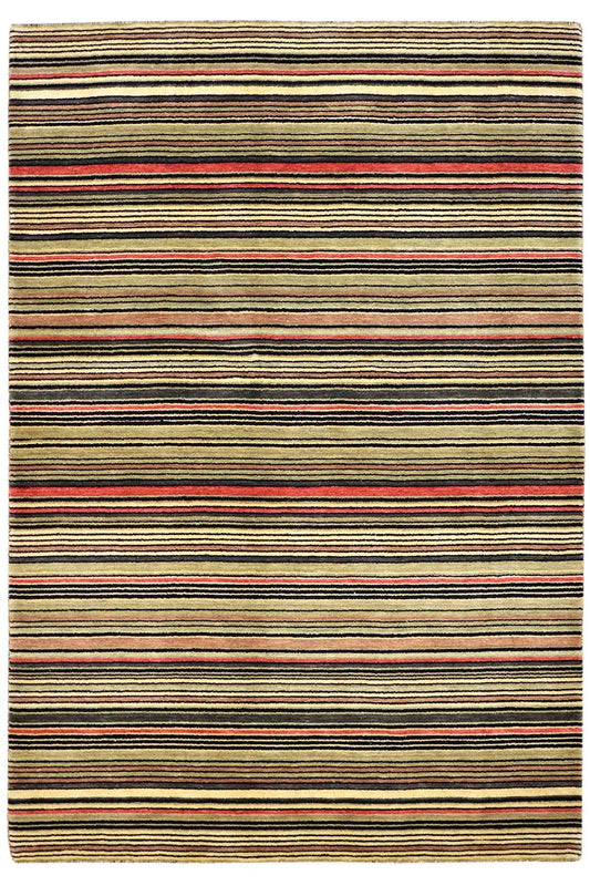 Gabbeh rug 141×205 cm with horizontal stripes in brown, beige, red and black