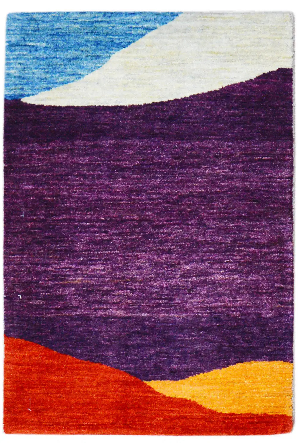 Gabbeh rug with geometric pattern: blue, violet, cream, orange (90×59 cm)