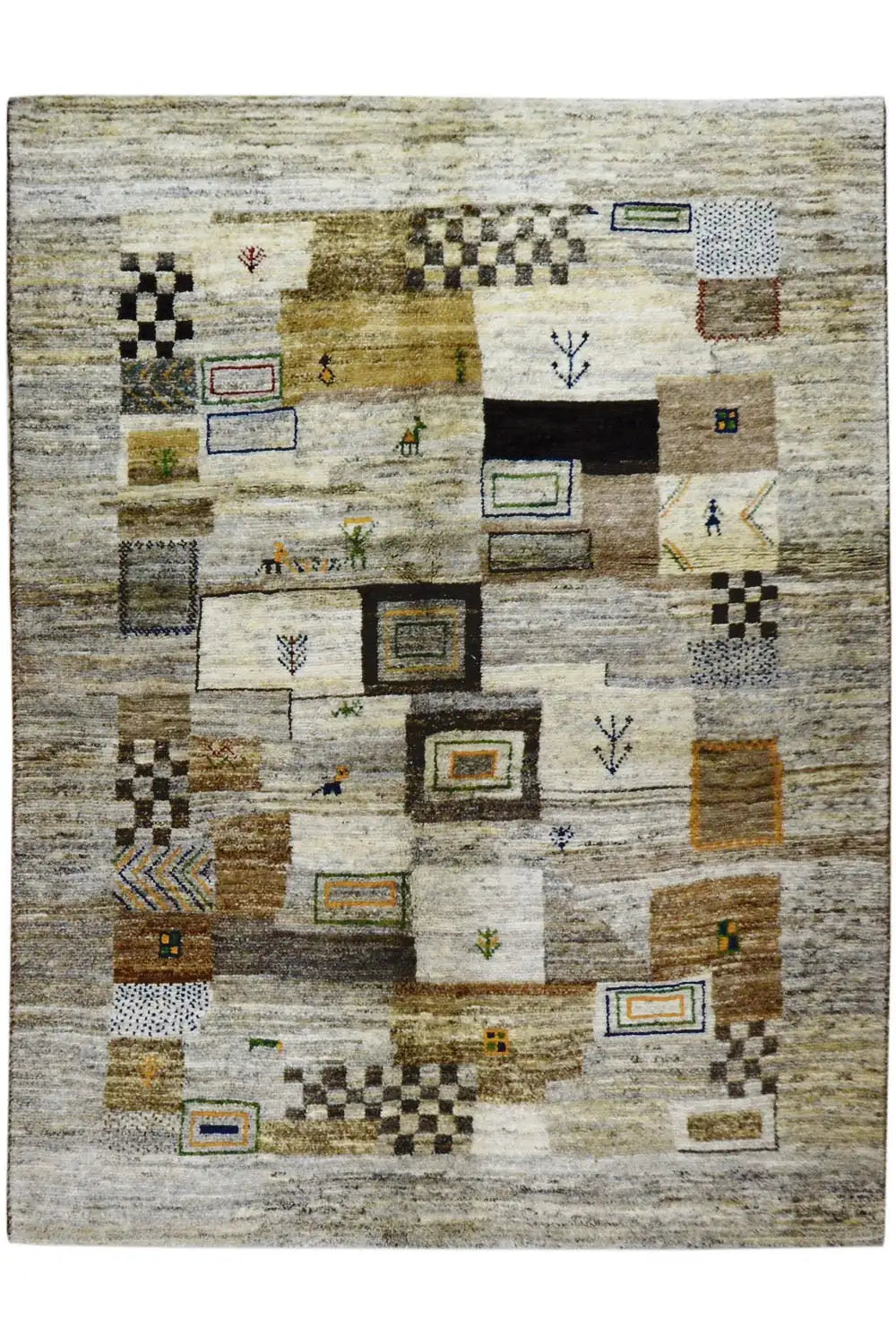 Rectangular Gabbeh rug with a light background and colorful geometric quadrilaterals in gray, beige, and brown