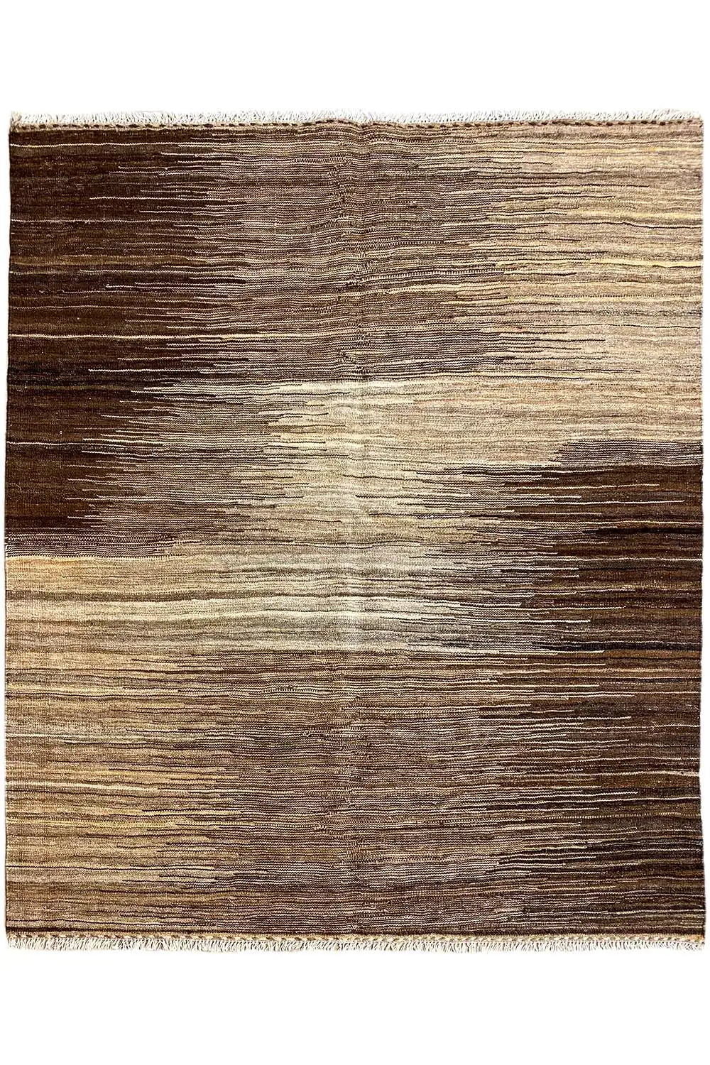 Rectangular kilim rug with multicolored stripes in brown/beige and short fringes