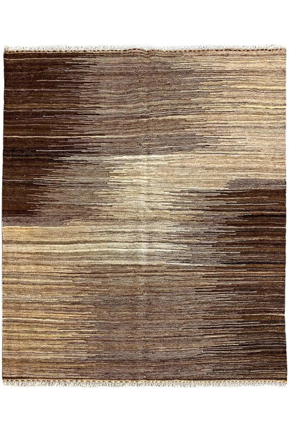 Rectangular kilim rug with multicolored stripes in brown/beige and short fringes
