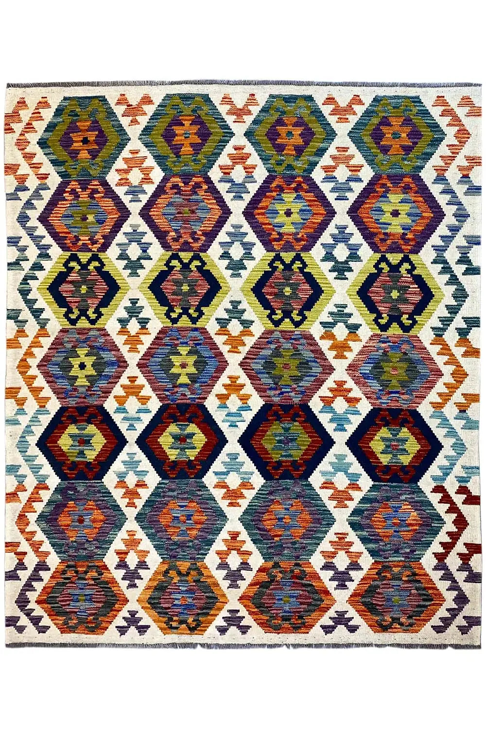 Afghan kilim rug, square overall design with multicolored diamonds