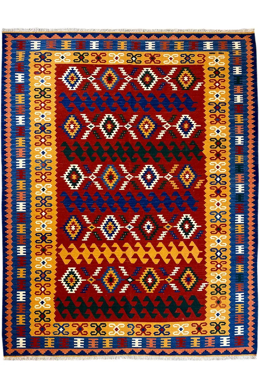 Flat-woven kilim rug with a red central medallion and blue border