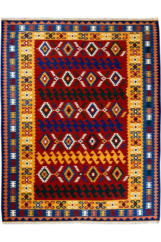 Flat-woven kilim rug with a red central medallion and blue border