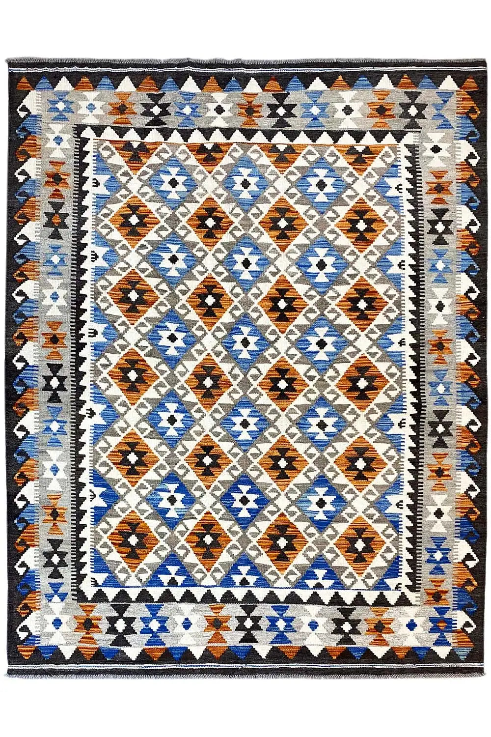Rectangular Afghan kilim rug with border and diamond motifs in blue, white, and orange
