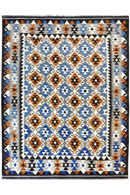 Rectangular Afghan kilim rug with border and diamond motifs in blue, white, and orange