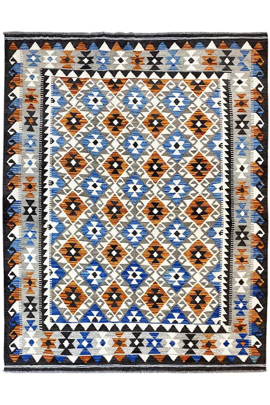 Rectangular Afghan kilim rug with border and diamond motifs in blue, white, and orange