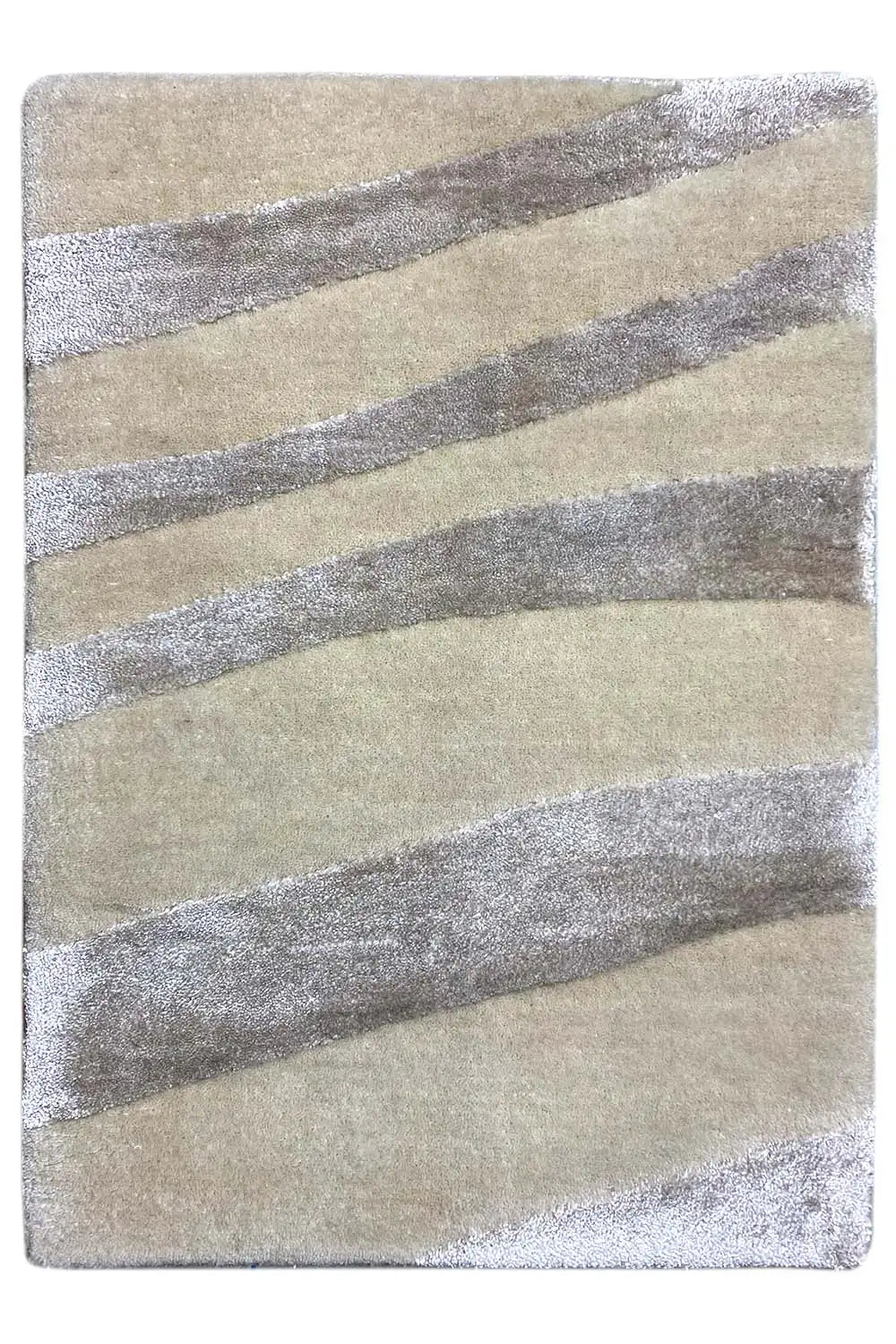 Rectangular rug with a beige background and gray horizontal stripes