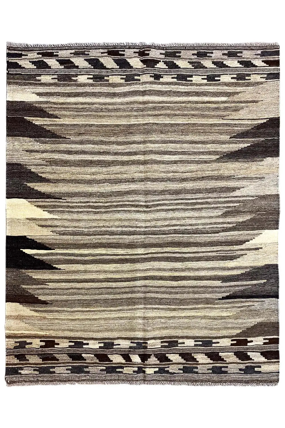 Rectangular Qashqai kilim rug with a geometric border and stripes in gray/beige