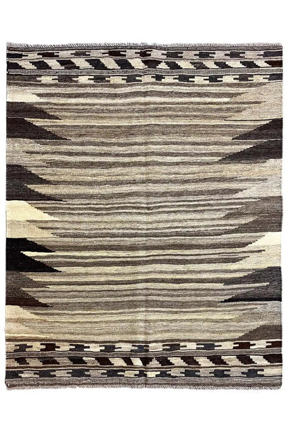 Rectangular Qashqai kilim rug with a geometric border and stripes in gray/beige