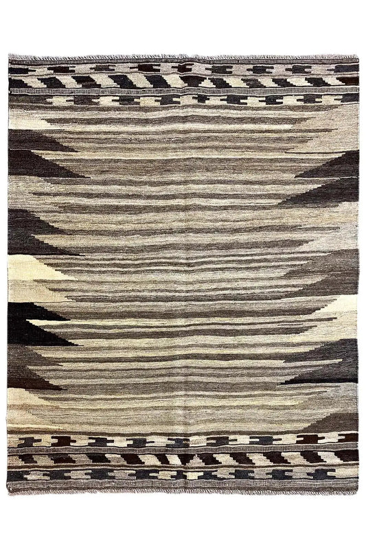 Rectangular Qashqai kilim rug with a geometric border and stripes in gray/beige