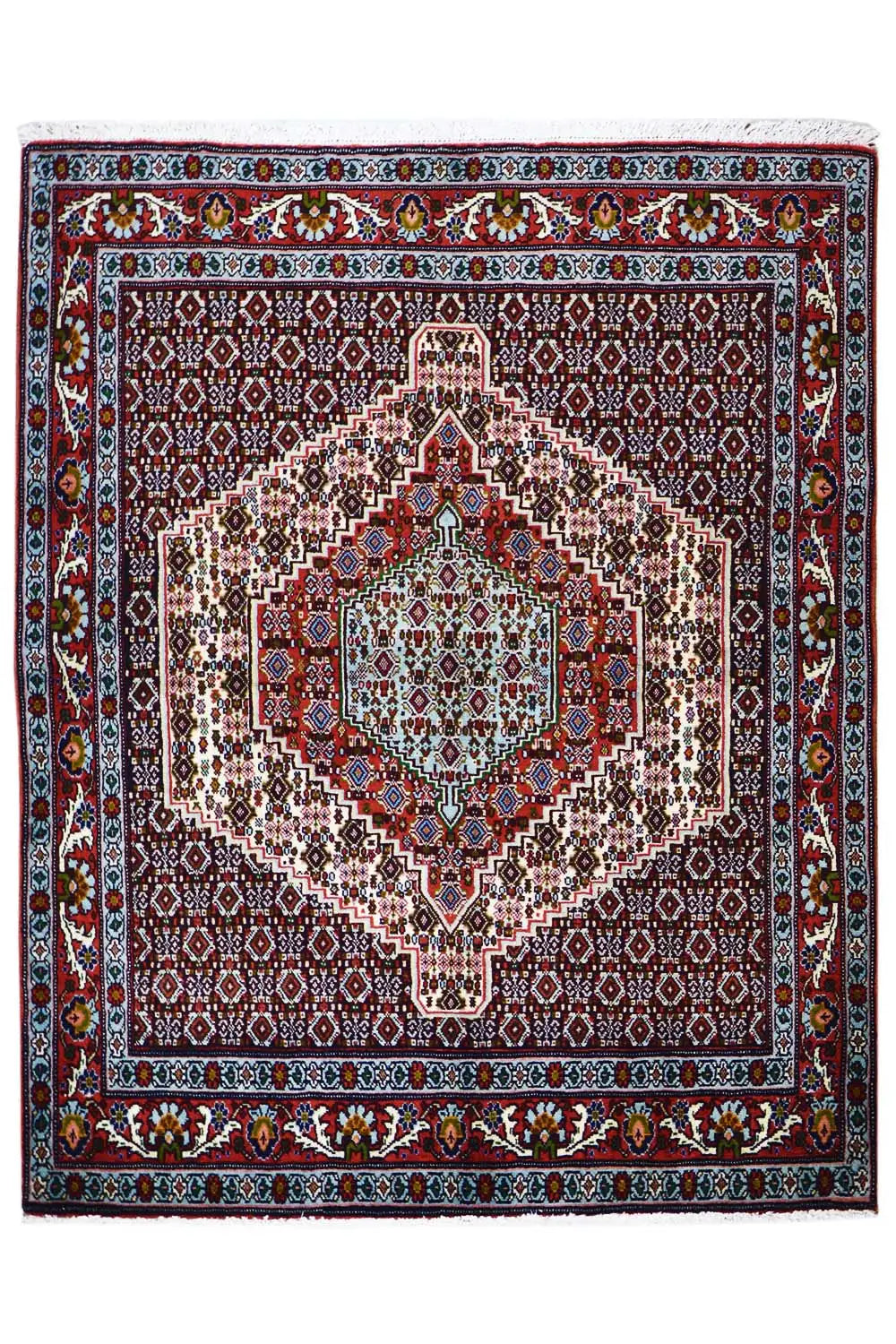 Square Hamadan rug with a central medallion and colorful border pattern