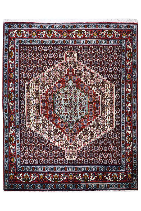 Square Hamadan rug with a central medallion and colorful border pattern